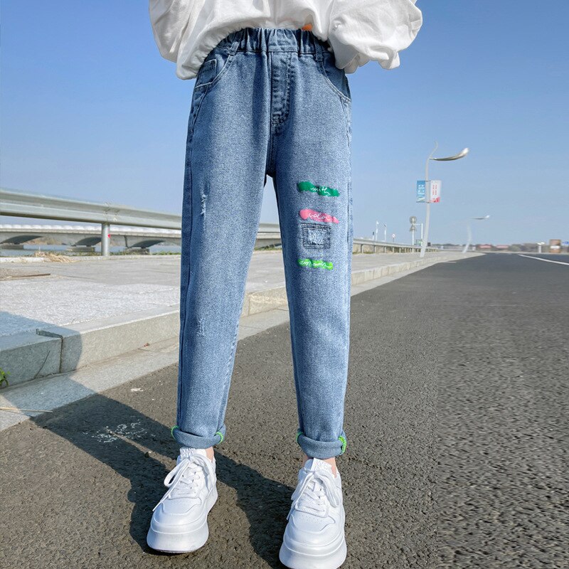 Pantalones vaqueros rasgados para adolescentes y niñas, pantalón informal de tendencia azul que combina con todo, 12, 13 y 14 años, primavera 2022