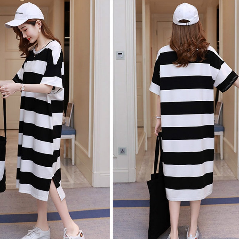 Nachthemden Vrouwen Gestreepte Korte Mouwloze Side-Split Eenvoudige Huidvriendelijke Slaap-Shirts Plus-Size 3XL vrouwelijke Losse Casual Mode