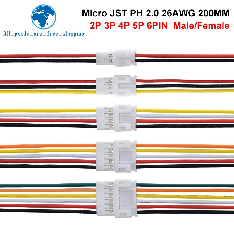 10PCS 5Pair Micro JST PH 2.0 2P 3P 4P 5P 6PIN Male Female Plug Connector With Wire Cables 20CM+20CM For Arduino MP3