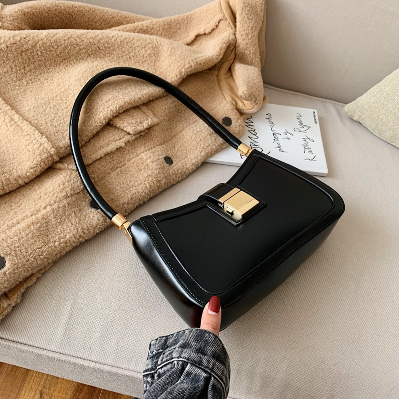 LEFTSIDE Solid Color PU Leather Shoulder Bags For Women 2022 hit Lock Handbags Small Travel Hand Bag Lady Bags: black