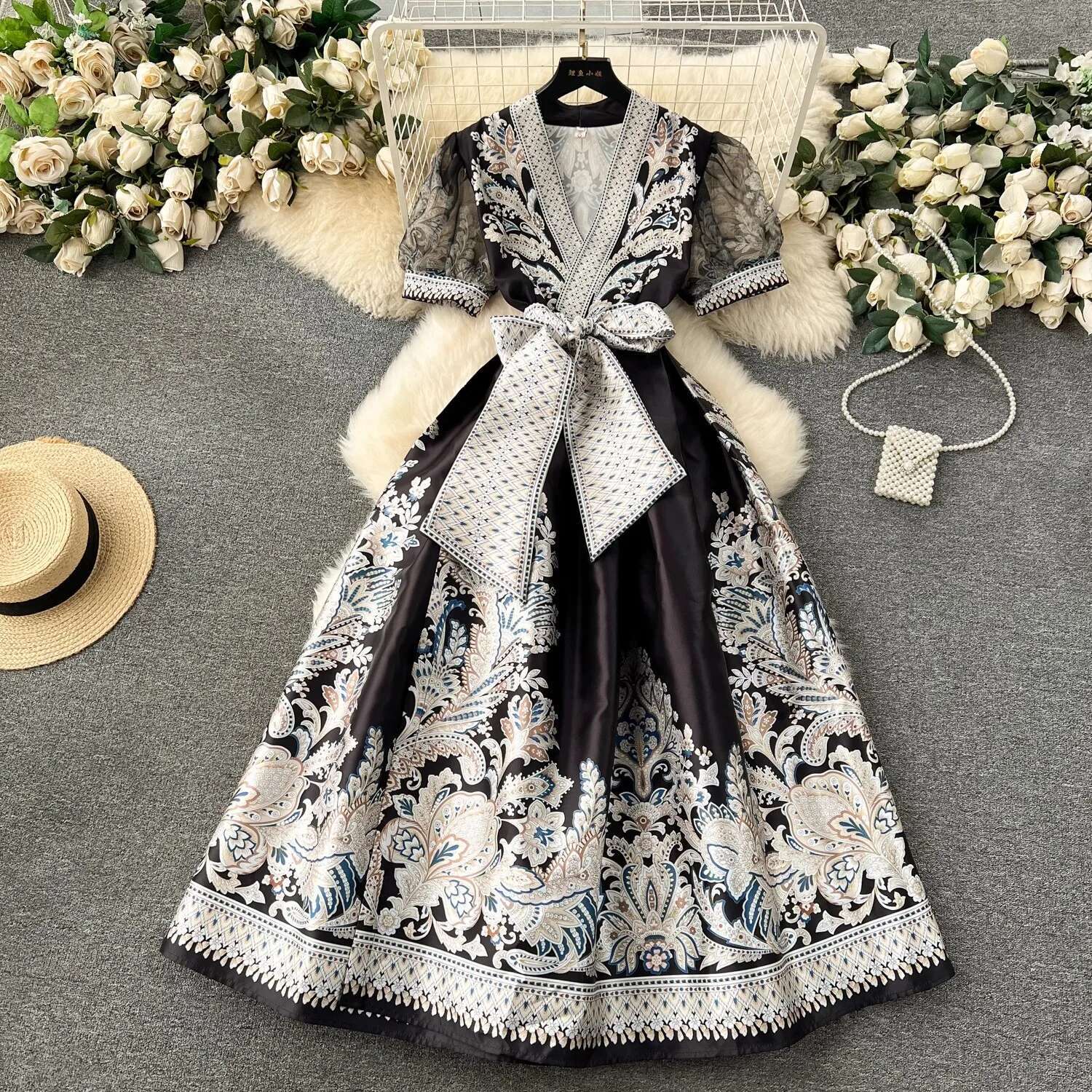 Jamerary Blumen druck Urlaubs kleid Frauen Palast Stil hoch-Ende elegante Promi Midi- Langarm Vestidos: L / Grau