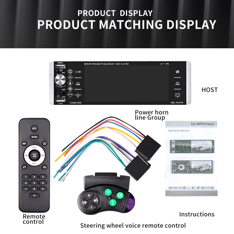 Reproductor MP5 para coche, Radio con Control de voz, RDS, AM, FM, 4USB, bidireccional, 1DIN, 5,1 pulgadas, 5188