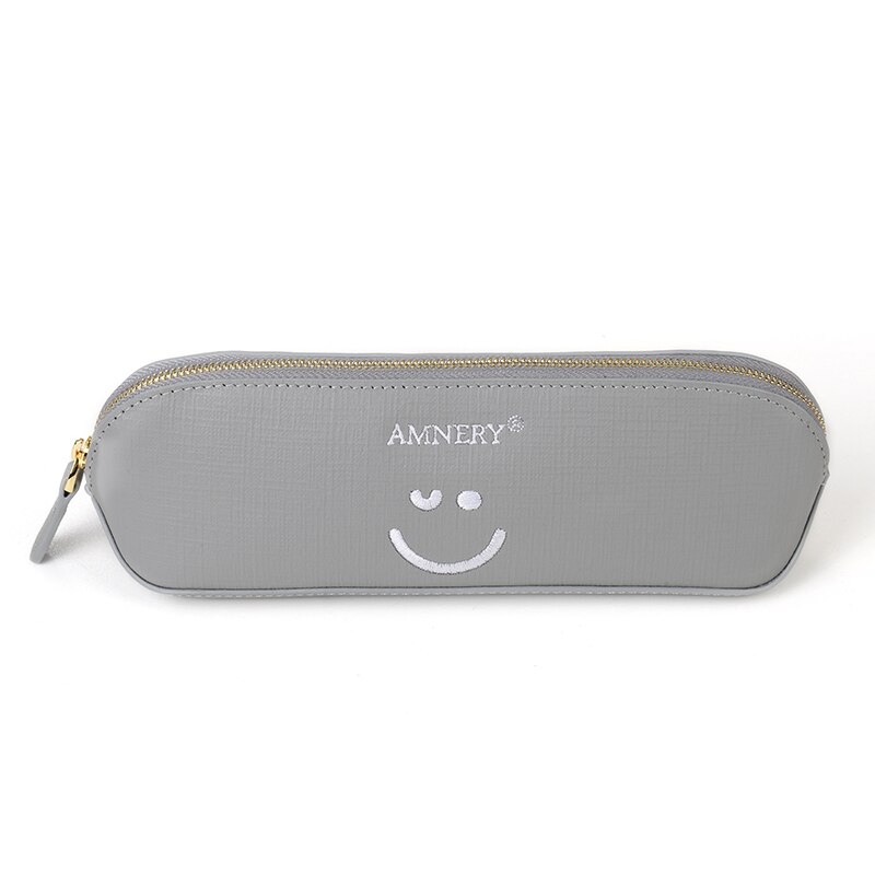 Amnery Leren Pennen etui - Hand Geborduurd Smiley Rits Potlood Tas: Grijs