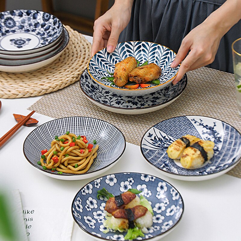 Vajilla de estilo chino con blanco y azul para pintar a mano de 8 pulgadas, platos de cerámica para fruta, ensalada, sopa