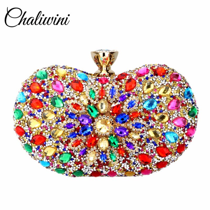 Chaliwini-Bolso de mano Floral de dos lados con diamantes de noche para mujer, bandolera de cristal múltiple, monedero de boda, cartera a juego: Gold