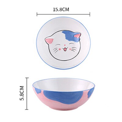 Cute Cat Ceramic Dinner Plate Dish Bowl Spoon Set Cartoon Porcelain Food Container Kids breakfast Dinnerware Set: Blue Big bowl