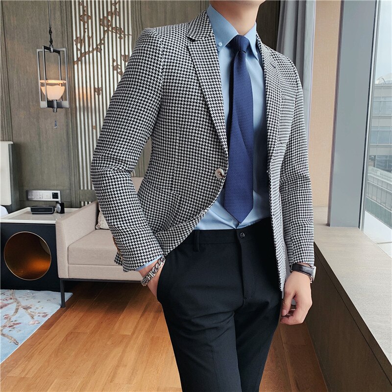 Blazer Con Tampado De Piga Para Hombre, Traje De Solapa Con Mucas
