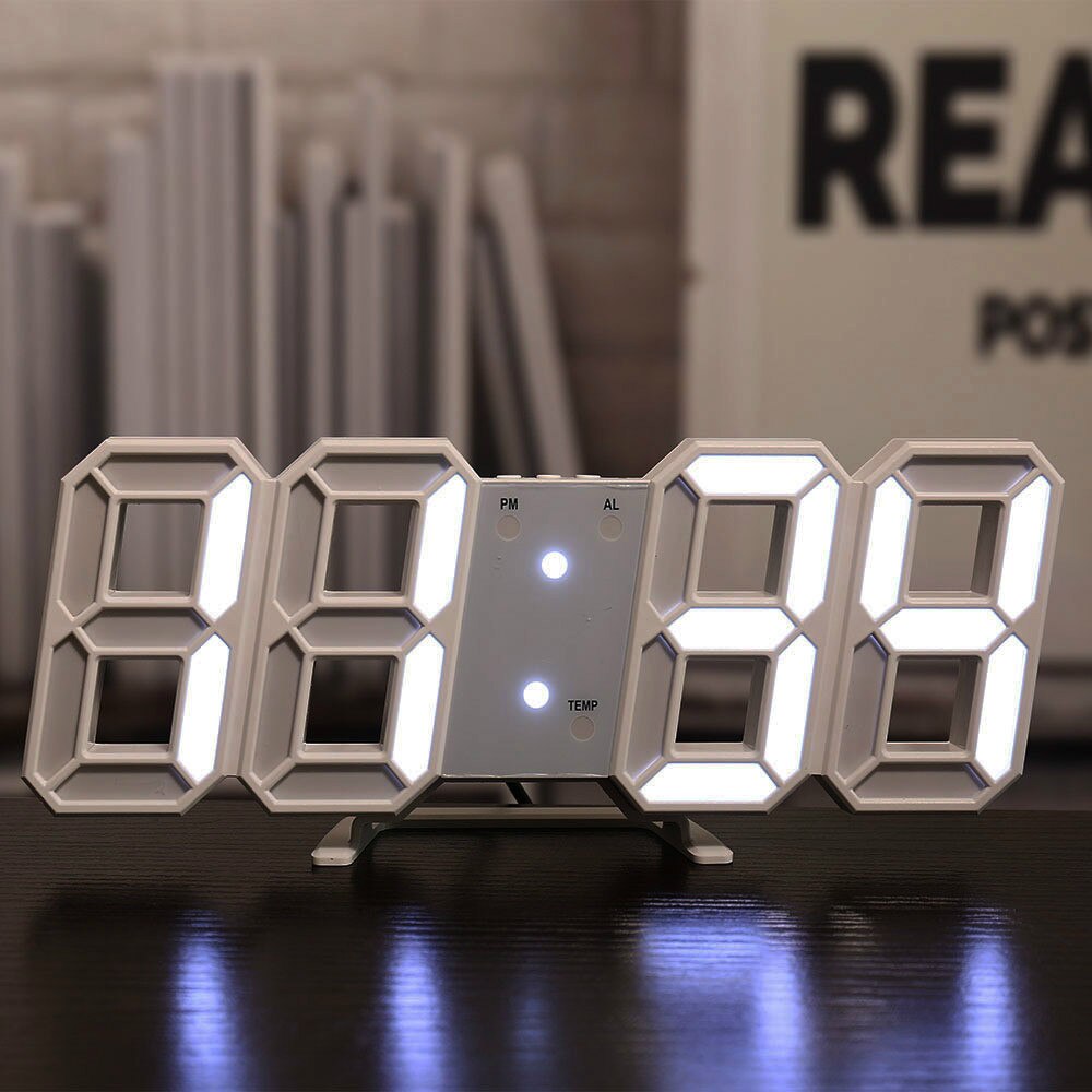 Modern Digital 3D LED Wall Clock USB Large Alarm Clock Snooze 12/24 Hour Display: A