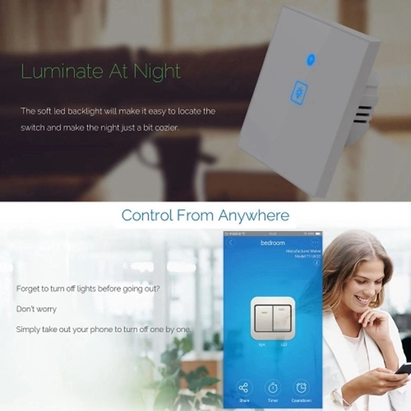 WiFi Smart Press-Switch Wall Switch Light EU Standard Press-Screen Switch Crystal Glass Panel LED Lamp Switches(2 Gang)