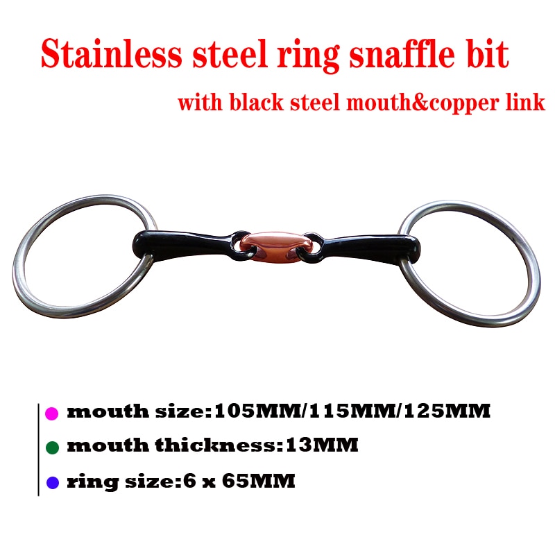 Rustfrit stål ring snaffle bit, sort stål mund med kobber elliptisk led. (sbt 0516bs)
