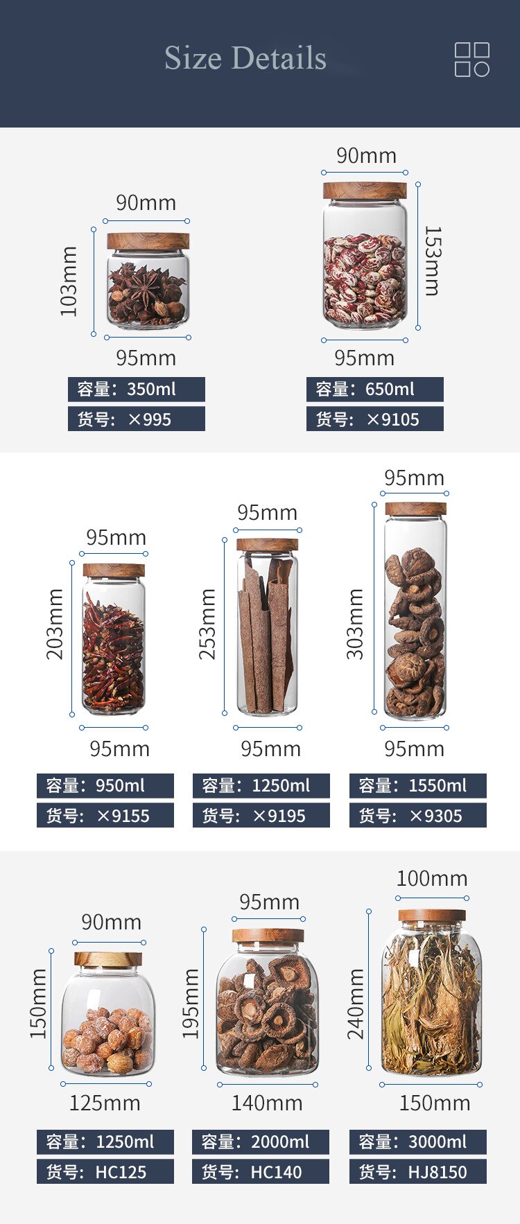 Botellas de almacenamiento de vidrio con tapa de madera, tarros grandes para alimentos, té, granos de café, dulces, 350-3000ml