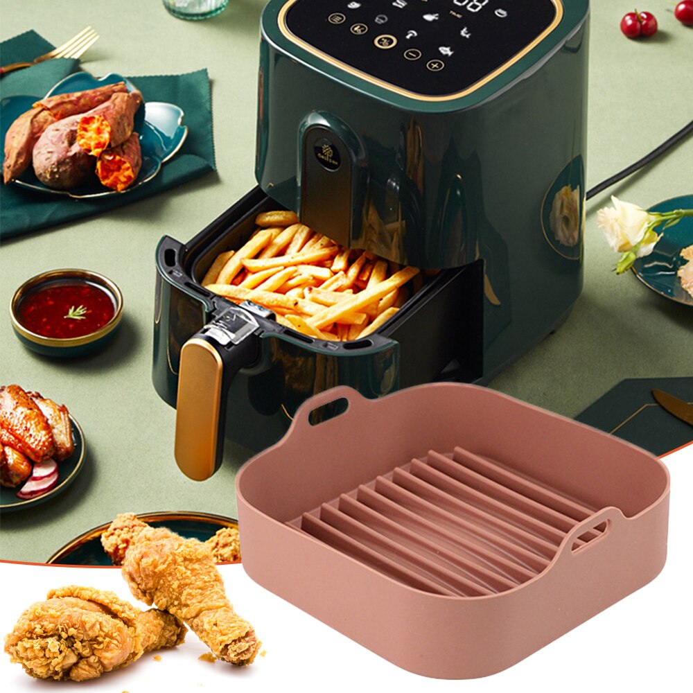 Air Fryer Silicone Pot Multifunctional Air Fryers Oven Accessories Bread Fried Chicken Pizza Basket Baking Tray Baking Dishes: Brown Square