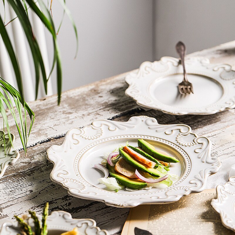 Kreative Barock Keramik Geschirr Gericht Westlichen Lebensmittel Erzähler Salat Schüssel Suppe Schüssel Weiß Glasur Geprägt Juni Teng Serie