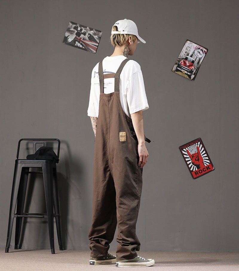 Cotton Overalls Men Bib Loose Multi-Pocket Straight Jumpsuits Pants Street Casual Hip Hop Khaki Brown Trousers