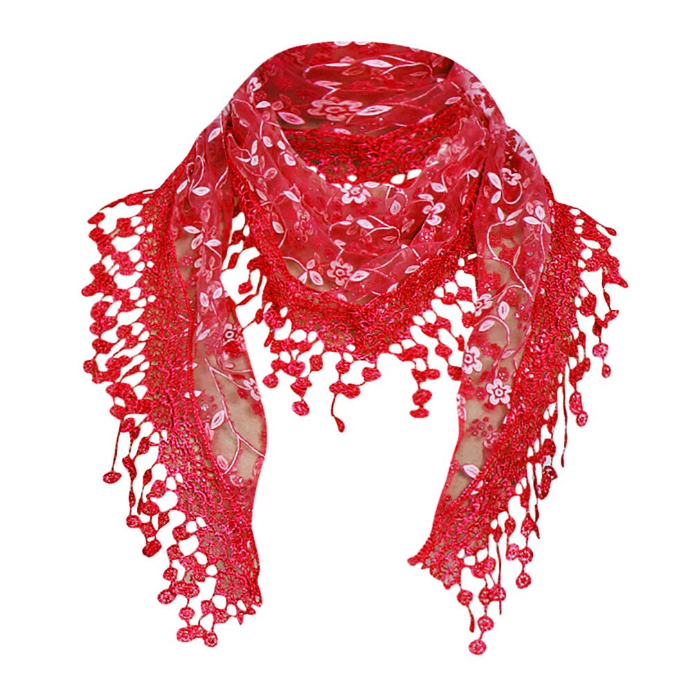 Women Lace Solid Color Scarf Lady Sheer Floral Scarf Shawl Wrap Tassel Scarf Panuelos De Mujer Para El Cuello Femme #T1P: Red