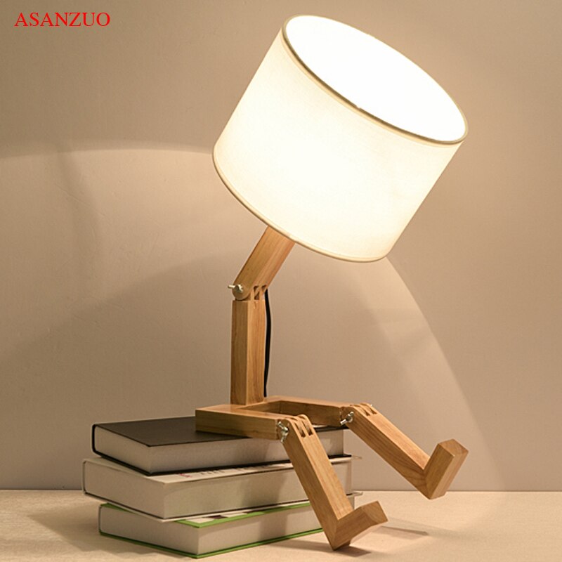 Nordic Art Houten Robot Vormige Tafellamp Moderne Woonkamer Slaapkamer Bedlampje Studie Decor Led Bureaulamp E14