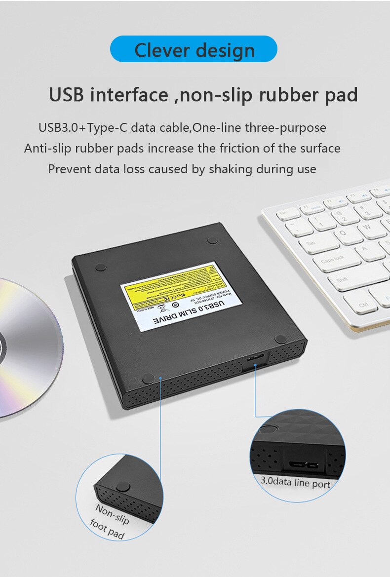 External DVD Burner USB3.0&amp;Type-C Optical Drive DVD-R Writer CD/DVD Player DVD-ROM Reader DVD-RW Recording for Notebook/Desktop
