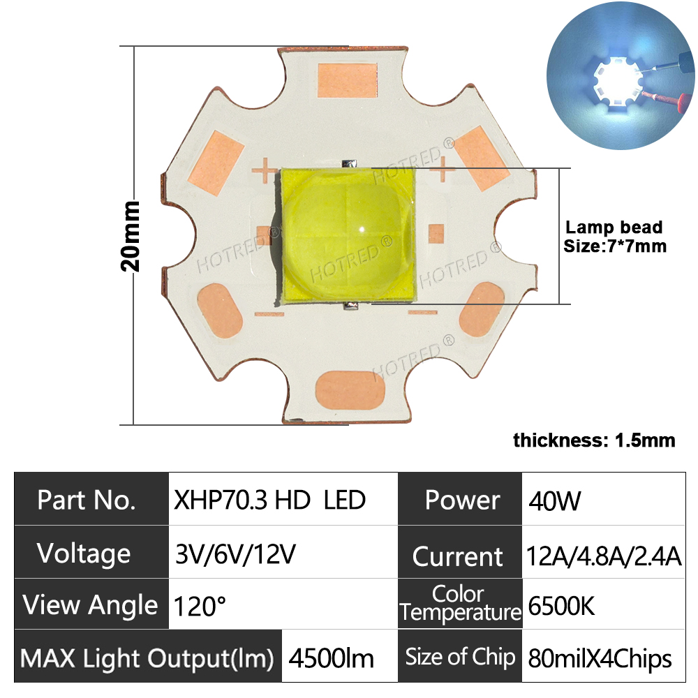 DC3V/6V/12V XHP70 LED High Power 7070 XHP70.2 Chip Ceramic Bracket Bead 20W 40W XHP70.2 XHP50.2 Latarka czołowa Szperacz: 3.0-3.6 V / Ciemnoszary / 38 W