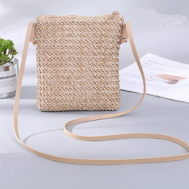 Vrouwen Kleine Vierkante Stro Zakken Strand Stijl Crossbody Schoudertas Handtas Emmer Zak