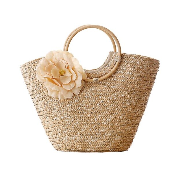 Reine Hand-woven Tasche Mit Blume Rattan Gewebt Griff Lagerung Paket Taschen Natürliche Armbänder Taschen Für Frauen: WHITE