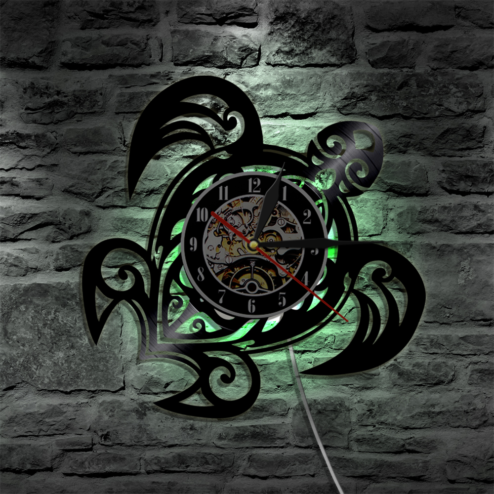 Sea Turtle Shape Wall Clock Sea Animals Vinyl Record Wall Clock Sea Turtles Silhouette Beach Decor 3D LED Night Light