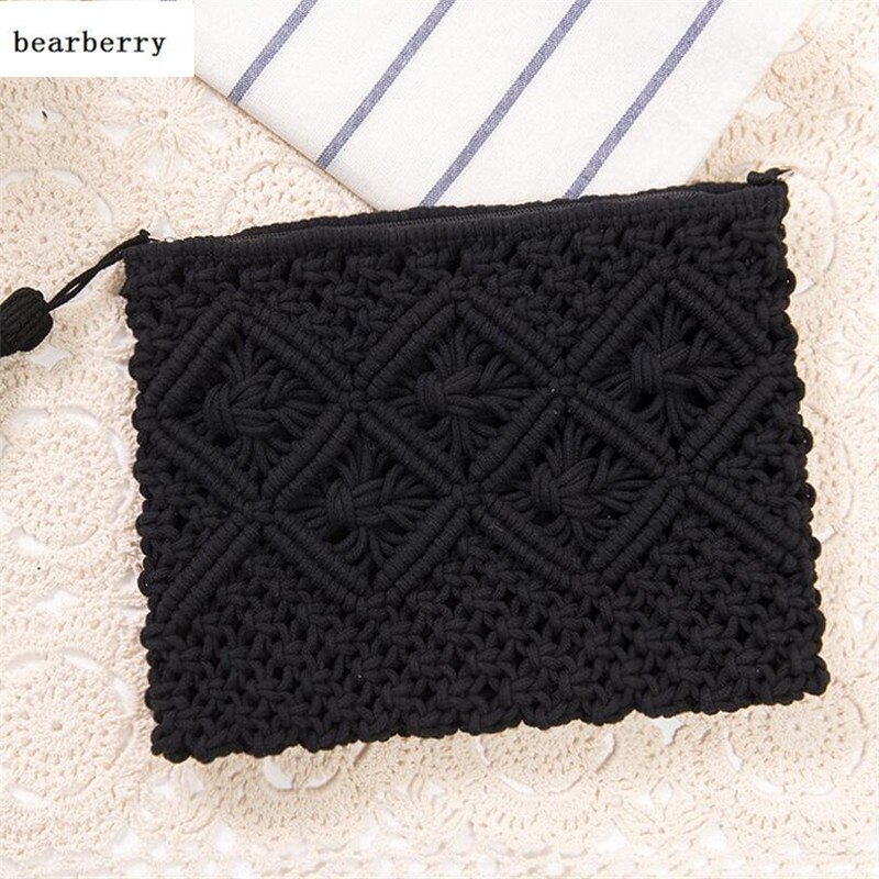 Vrouwen Hollow Out Clutch Bags Kwastje Strand Tassen Handgemaakte Kont Bericht Tassen Mn583: Black