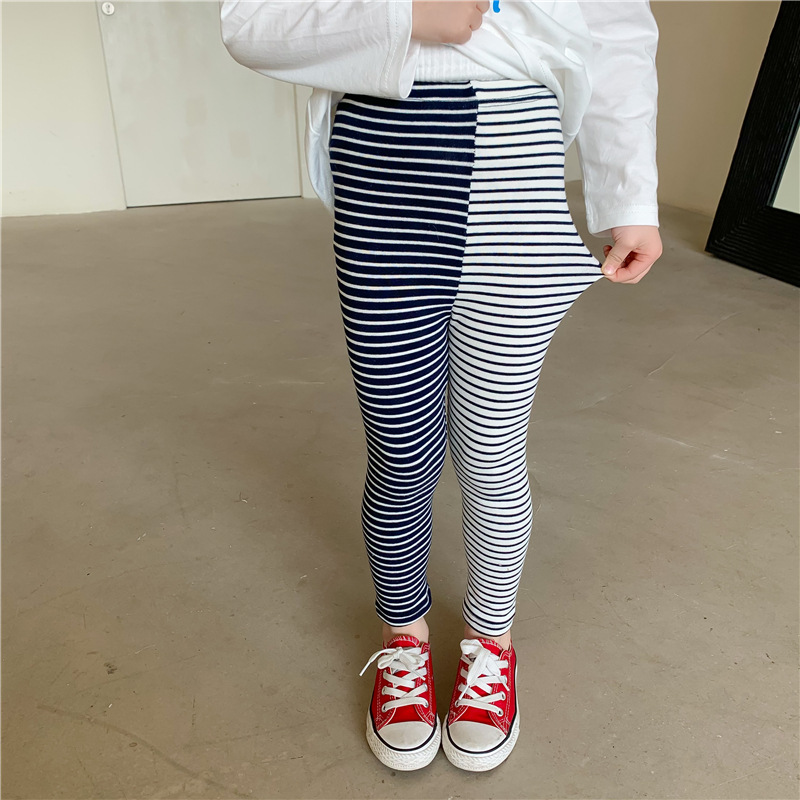 2022 Spring Girls Leggings Kids Pink and Purple Patchwork Striped Skinny Pants Children Elastic Trousers: Navy blue / 90