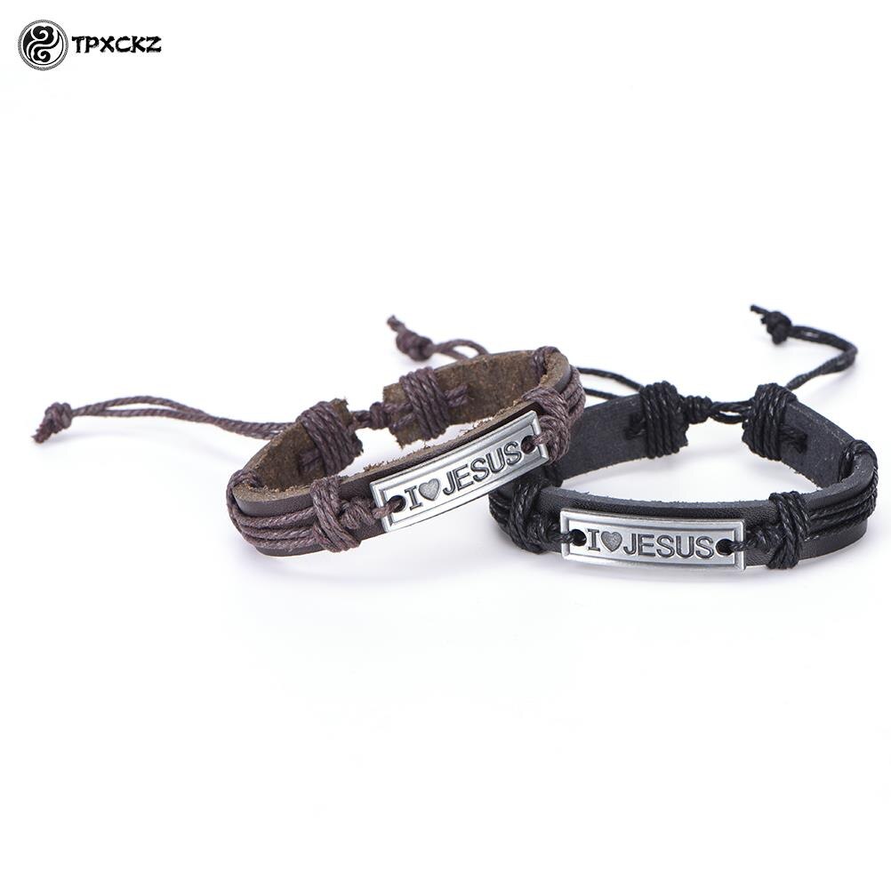 Mannen/Vrouwen Christian Lichtmetalen Wrap Lederen Manchet Bangle Armband Van &quot;I Love Jesus&quot;
