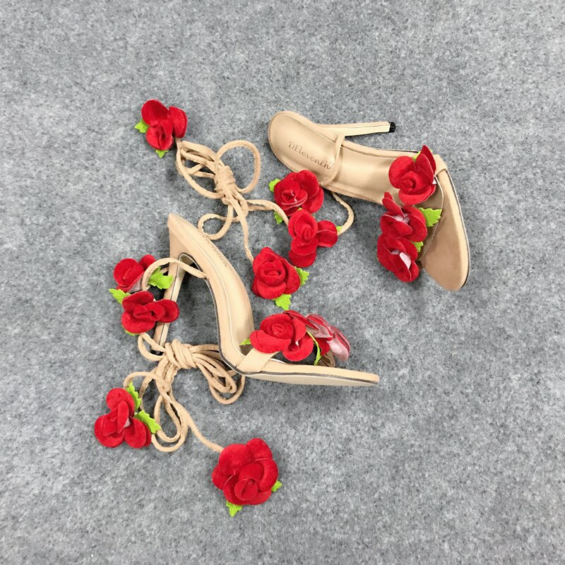 Sandalia de tacón alto con lazo flor rosa para mujer, zapatos de tacón alto con flores, con cordones, flor rosa roja