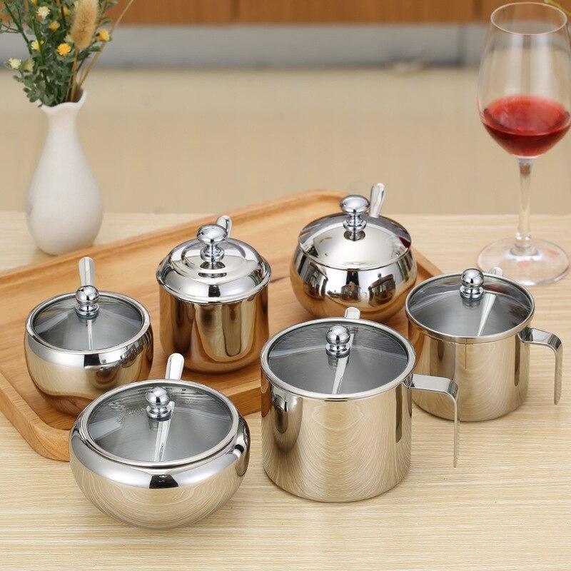 304 Edelstahl Gewürz Kasten Mit Löffel Gewürz Kasten Dosen Salz Pfeffer Kasten Panzer Kreative würzen Krug zucker schüssel mit löffel