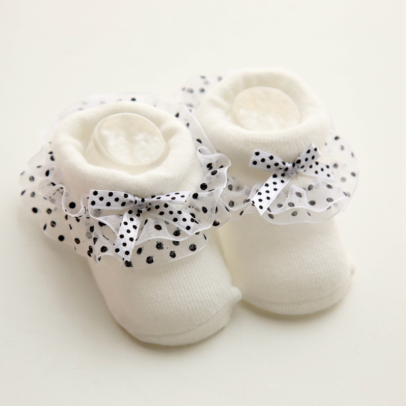 Lace Socks Girls Cotton Cozy Ruffle Frilly Ankle Socks Dots Baby Girl Princess Socks Bow Kids Dress Tutu Socks Photography Props: Milk White / 6M