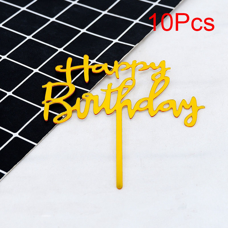 10Pcs/Pack Gold Silver Acrylic Cake Toppers Happy Birthday Cake Toppers For Womens Mens Kids Birthday Party Decor Baby Shower