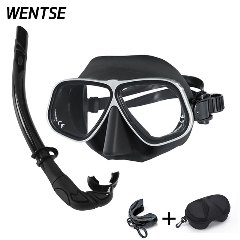 Color Alloy frame free diving goggles scuba full face mask wet tube kit Snorkeling equipment Ultra low volume Free-dive: Black silver Kit