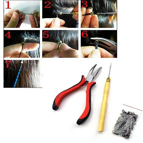 Feather Hair Extension Tool Kit Tangen + Haak + 100 Stuks Micro Silicone Link Beads