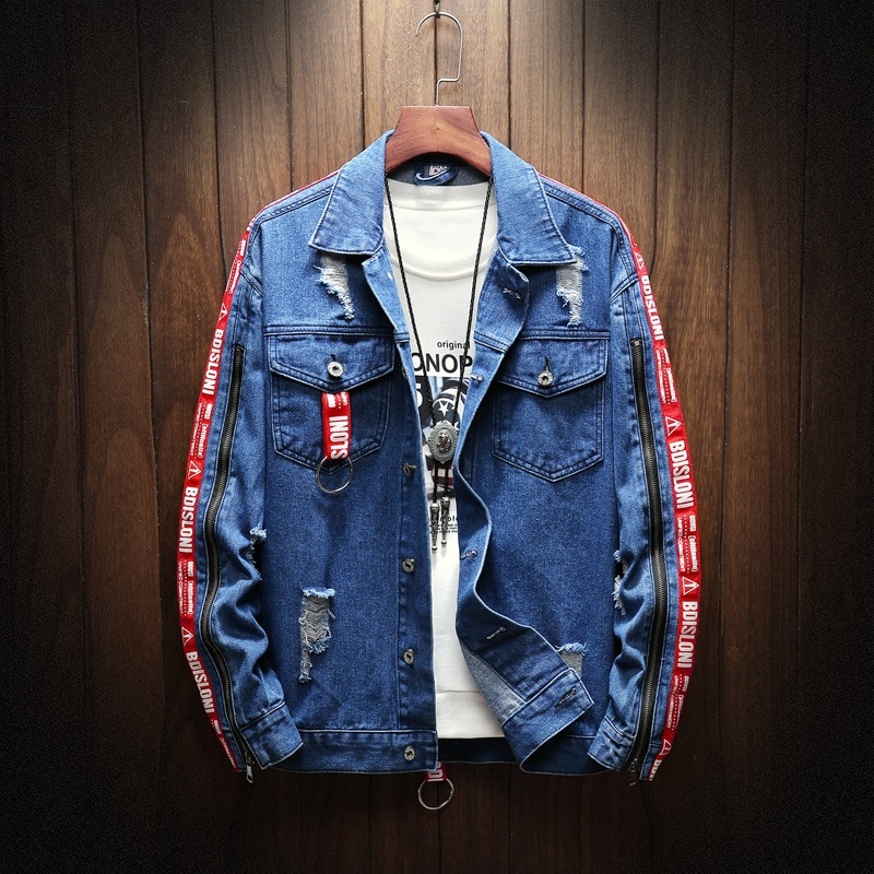 Blue Denim Jacket Men Autumn Slim Fit Hooded Ripped Jean Jacket Coat Hip Hop Streetwear Patchwork Outfit