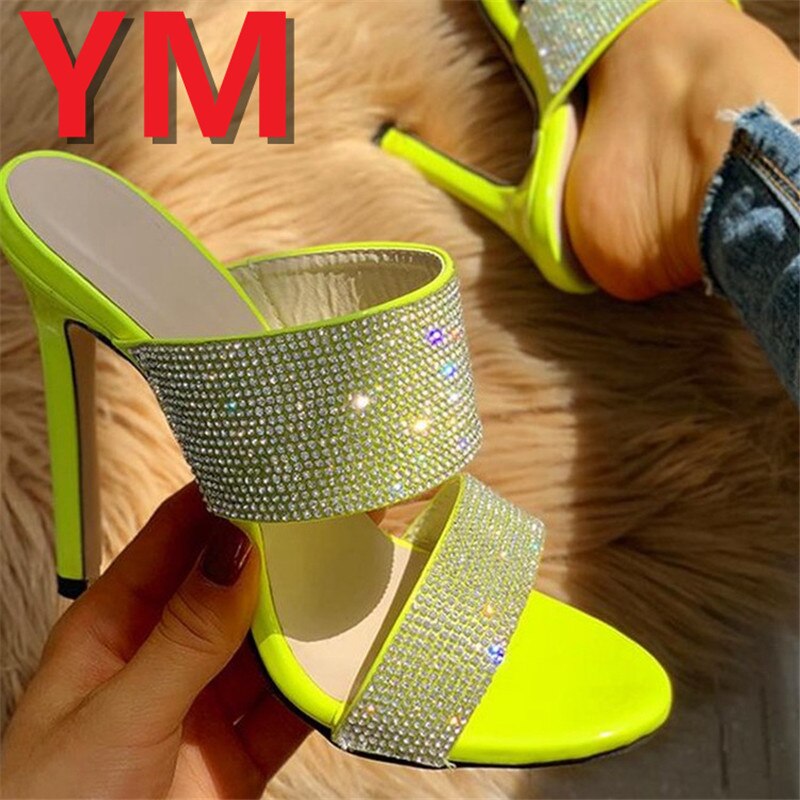 Vert anis Crystal Sandals Pointed Toe Women High Heel Pumps Stilletto Heels Party Wedding Sequined Cloth Sexy Peep Toe Chaussure