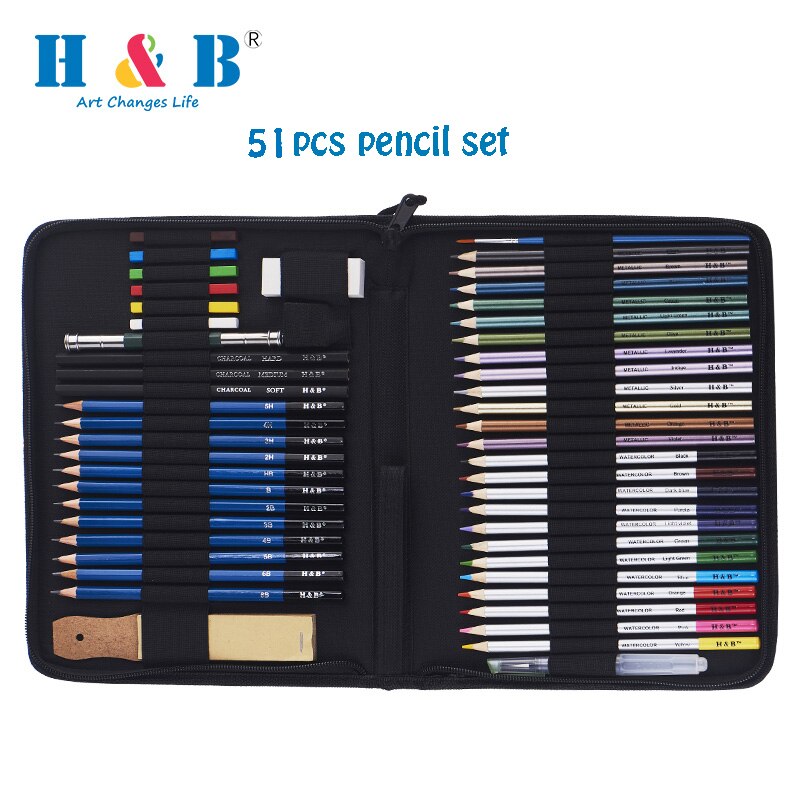 H&B 51pcs/set Drawing Kit Wood Pencil Sketching Pencils Art Sketch Painting Supplies with Carrying Bag