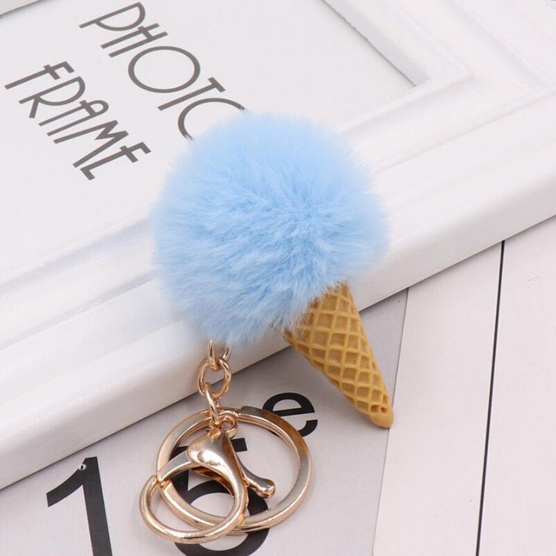Cute ice cream Keychain Glitter Pompom Key Chain for Women Llaveros Mujer Car Bag Accessories Key Ring Wedding Souvenir: light blue
