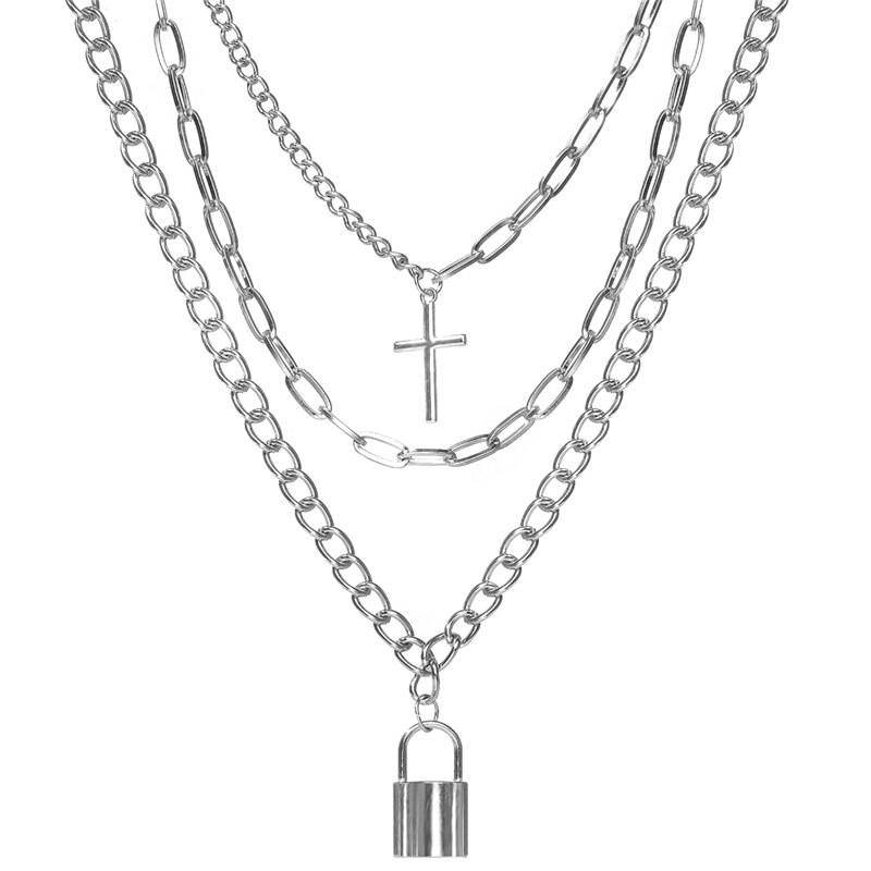 Hip Pop Punk Multi Gelaagde Lock Hanger Ketting Voor Vrouwen Mannen Zilveren Kleur Kruis Hanger Charms Ketting Lange Kettingen Sieraden