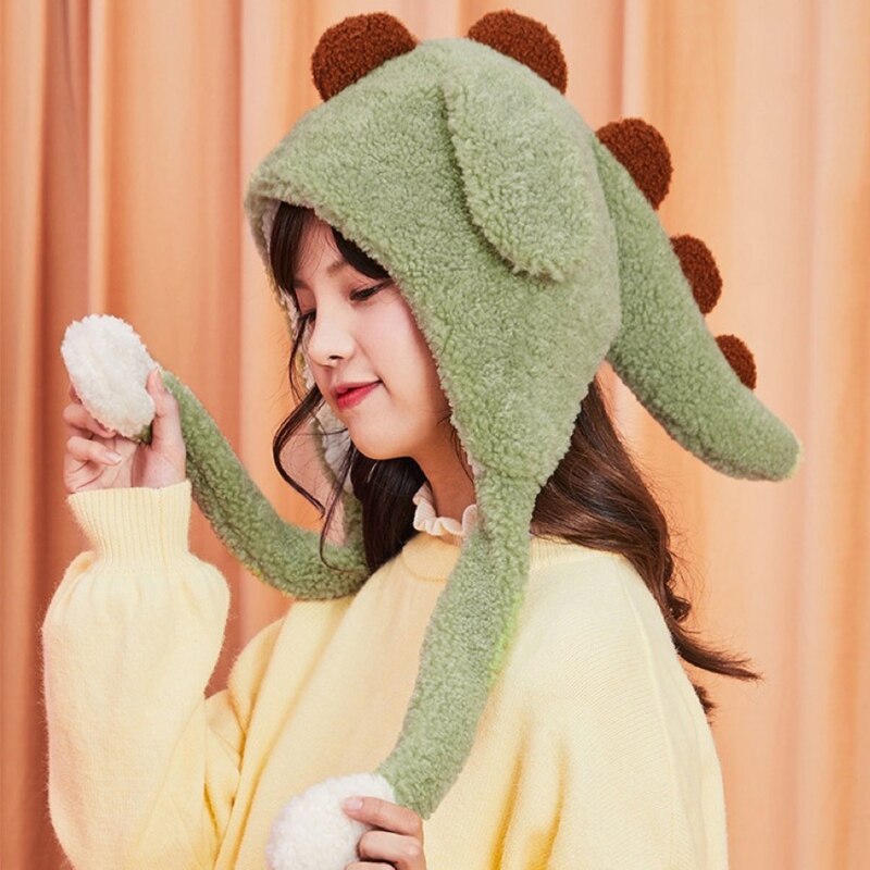 896E Kawaii Cartoon Dinosaur Movable Ears Hat Women Cute Warm Thick Warm Hoodies Neck Scarf with Windproof Winter Autumn