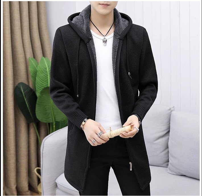 mannen Herfst Winter Lange Sweatercoat Rits Trui Vesten Mannelijke Lange Mouwen Hooded Sweater Bovenkleding Truien M-3XL: Black / XL