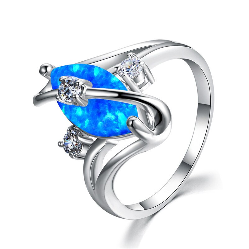 Unikke hesteøje blå/hvid brand opal stenringe til kvinder sølvfarvede luksus zirkon bryllup smykker løfte forlovelsesring: 5 / Blå opal ring