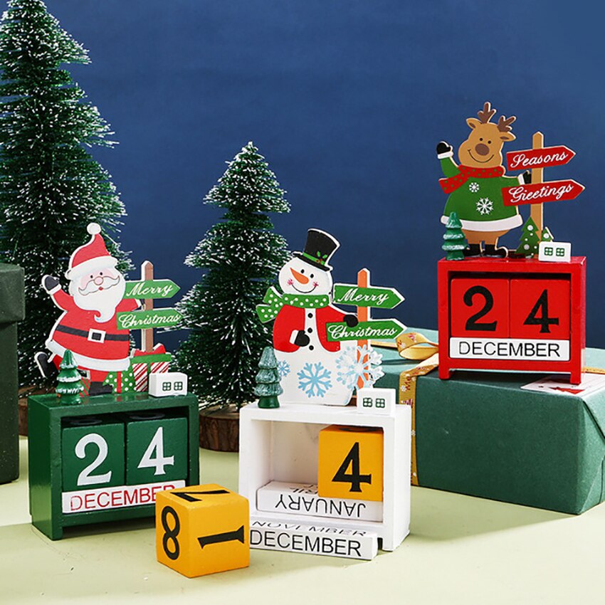 Christmas Countdown Calendar Wooden Blocks Desk Advent Calendar Elk Snowman Santa Retro Christmas Handmade for Home Office
