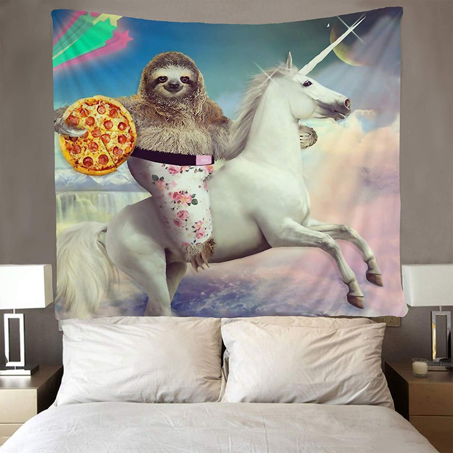 Enhjørning regnbue dovendyr elsker pizza gobelin kunst væg hippie kunst sjovt dyr vægophæng