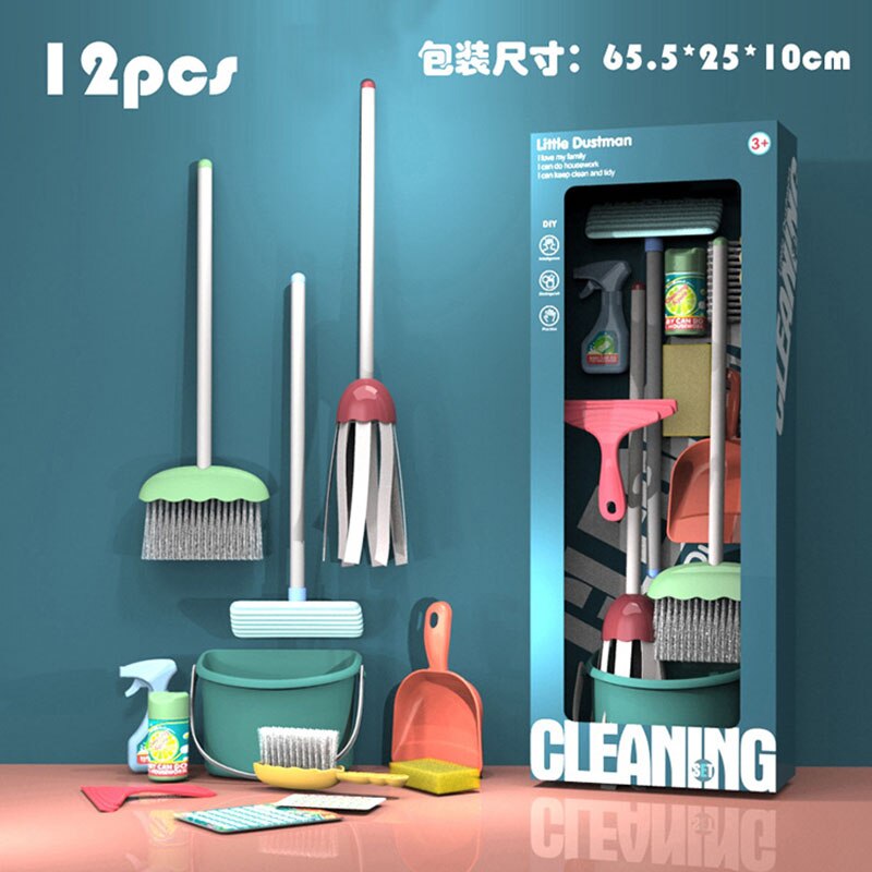 Children's Educational Simulation Play House Toy Boy and Girl Training Cleaning Tool Set Top Stuff Things for Cleaning for Kids: A 12PCS