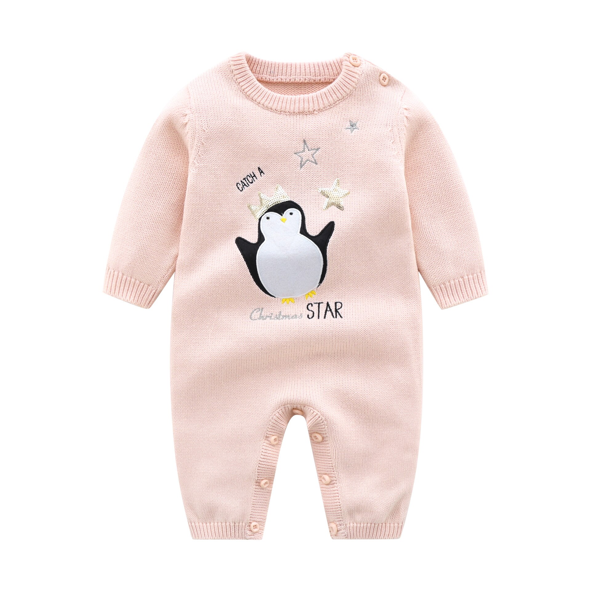 Winter Pasgeboren Baby Kleding Lange Mouwen Cartoon Borduren Pinguïn Roze Wollen Gebreide Trui Baby Boy Meisje Romper En Hoed Set