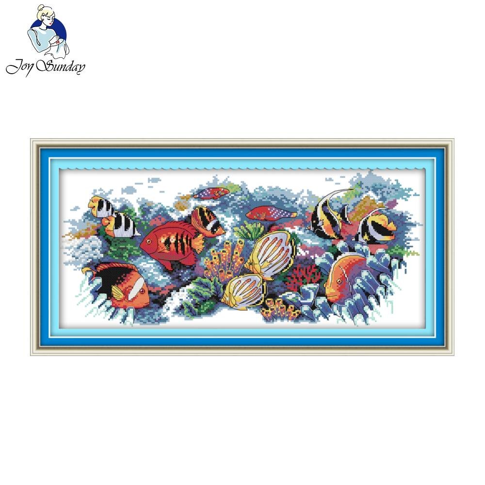 Joy Sunday Needlework DIY Cross Stitch Set for Embroidery Kits Printed Tropical Fish Factory Counted Cross-Stitching