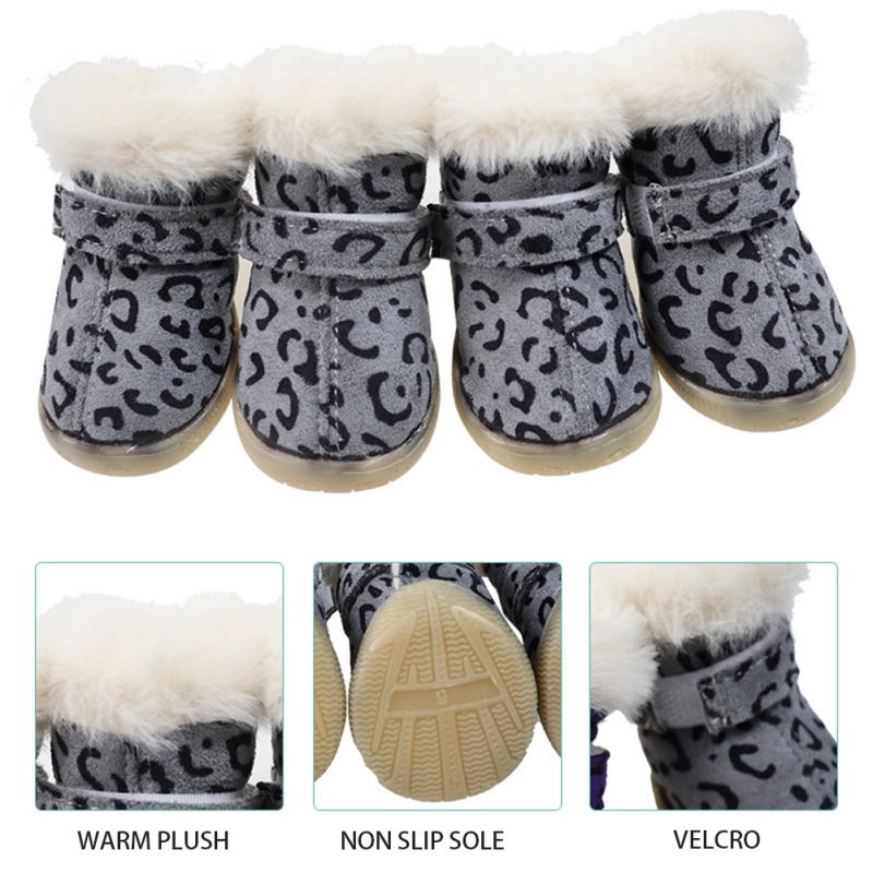 4 Stuks Leopard Gedrukt Hond Booties Zachte Gevlokt Pet Sneeuw Boot Winter Antislip Warm Kleine Hond Schoenen Voor teddy Bichon