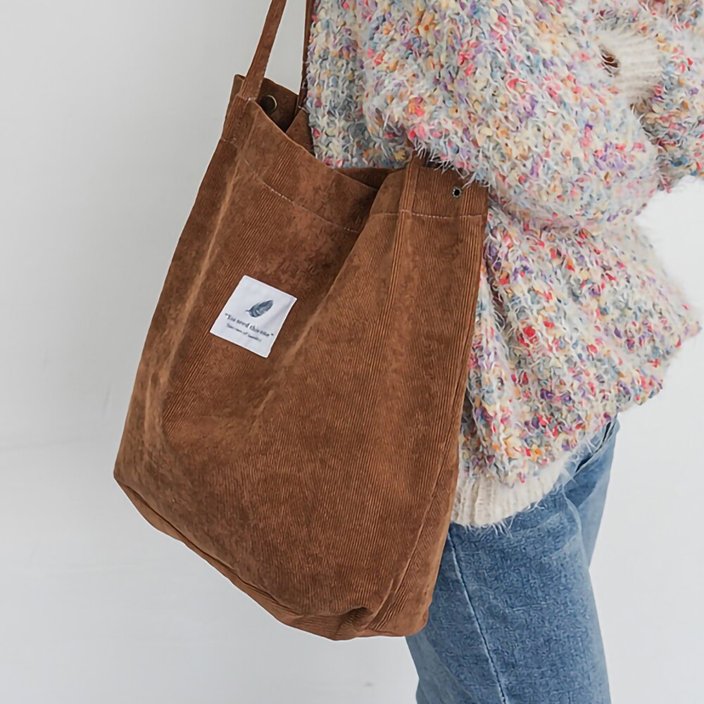 Bolso de pana para mujer, bolsa de compras de tela de lona, bolsa de lona ecológica, bolso de hombro de algodón de gran capacidad, bolsa de compra reutilizable: brown