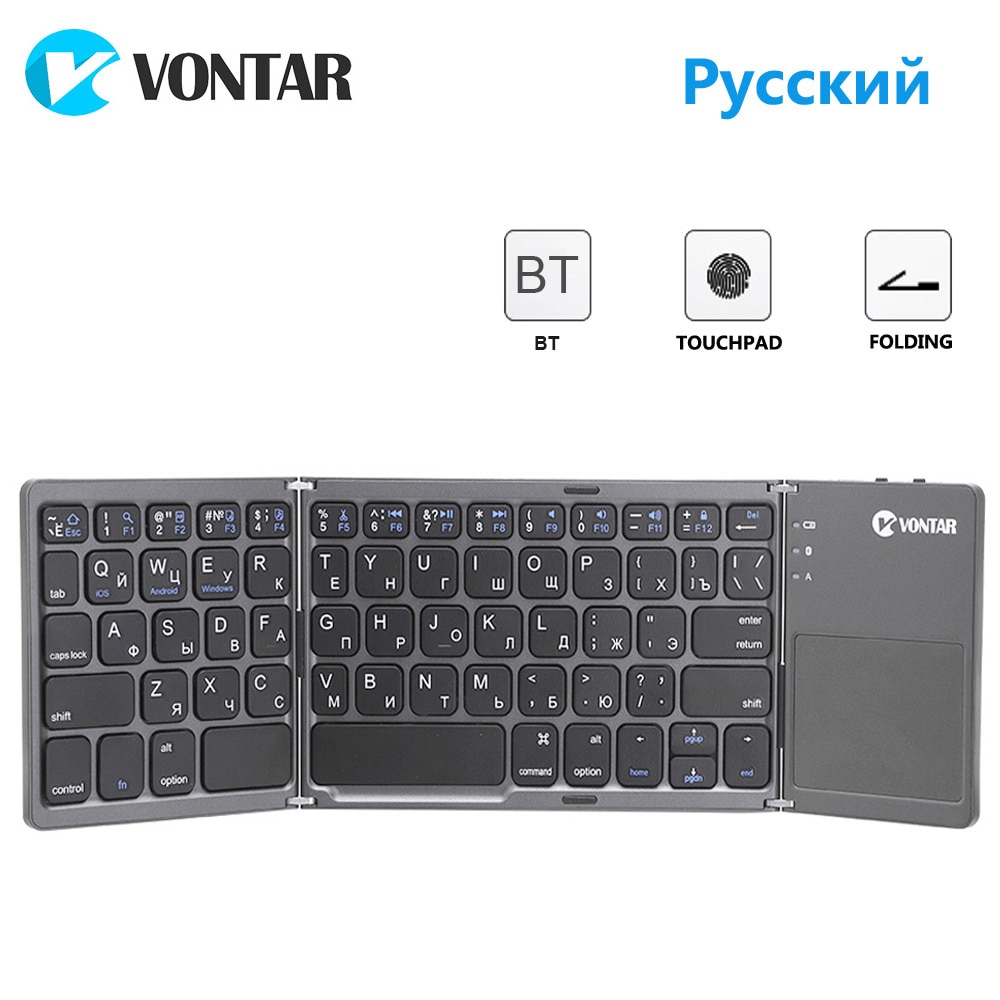 Bærbar foldbar bt russisk engelsk spansk tastatur trådløs genopladelig foldbar touchpad til ios android windows ipad tablet